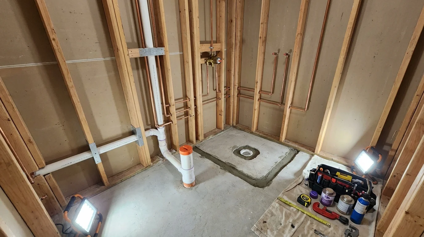 Bathroom rough-in plumbing during remodel by Johns Plumbing LLC in Lukachukai