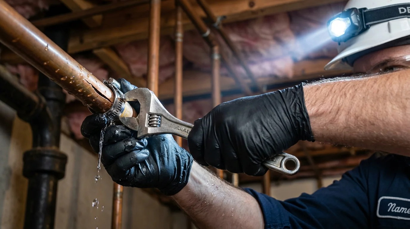 Emergency pipe clamp repair being performed by a Johns Plumbing LLC plumber in Lukachukai