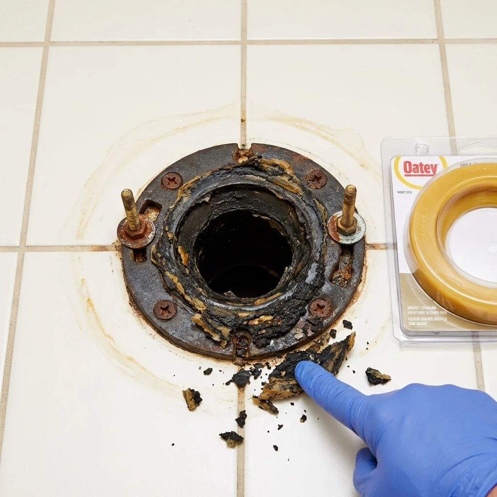 Failed wax ring showing water seepage at the base of a toilet in a Lukachukai, AZ home