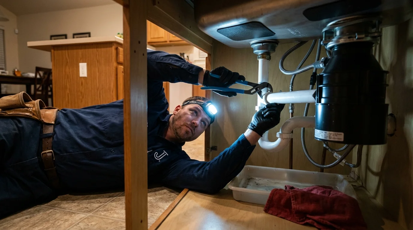 P-trap and supply line connections under a kitchen sink showing a common leak point in Lukachukai, AZ